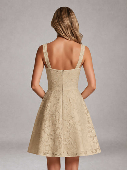 Champagne A-Line Square Neck Sleeveless Floral Lace Mini/Short Formal Dress