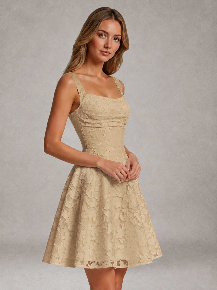 Champagne A-Line Square Neck Sleeveless Floral Lace Mini/Short Formal Dress