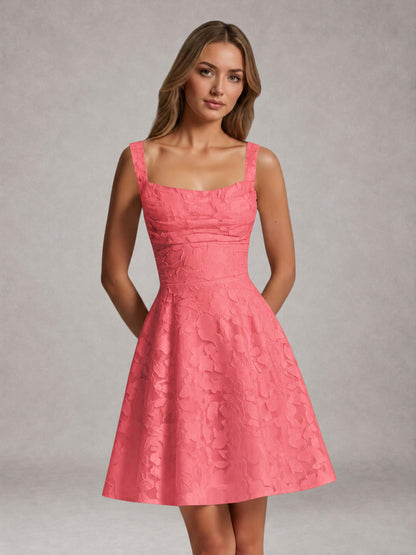 Coral A-Line Square Neck Sleeveless Floral Lace Mini/Short Formal Dress