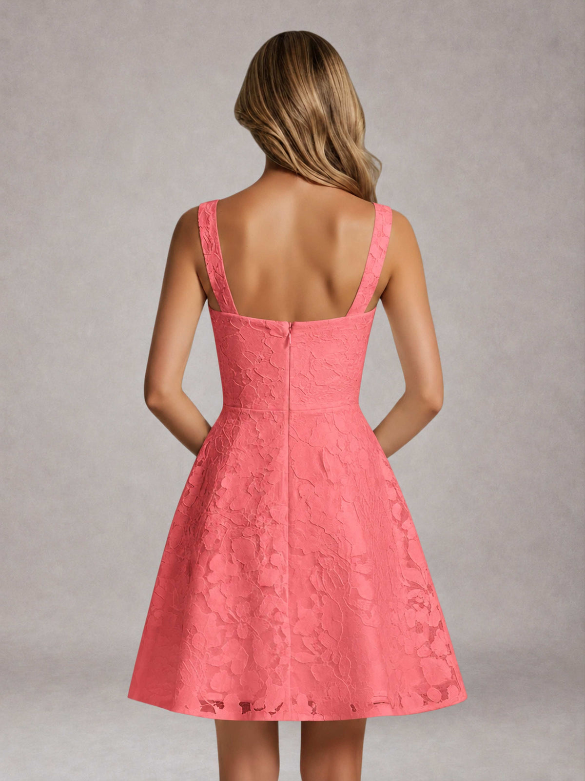 Coral A-Line Square Neck Sleeveless Floral Lace Mini/Short Formal Dress