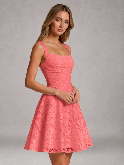 Coral A-Line Square Neck Sleeveless Floral Lace Mini/Short Formal Dress