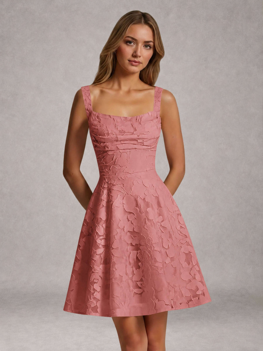Dark Rose A-Line Square Neck Sleeveless Floral Lace Mini/Short Formal Dress