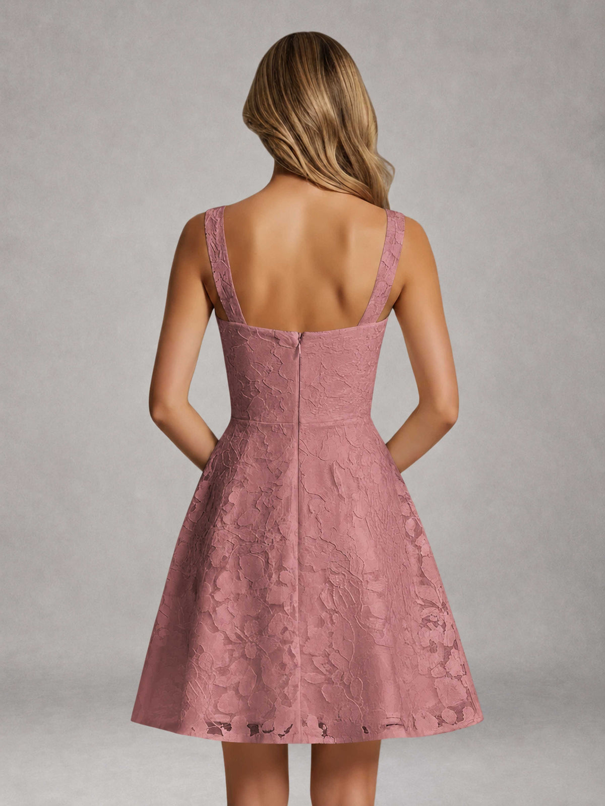 Dark Rose A-Line Square Neck Sleeveless Floral Lace Mini/Short Formal Dress