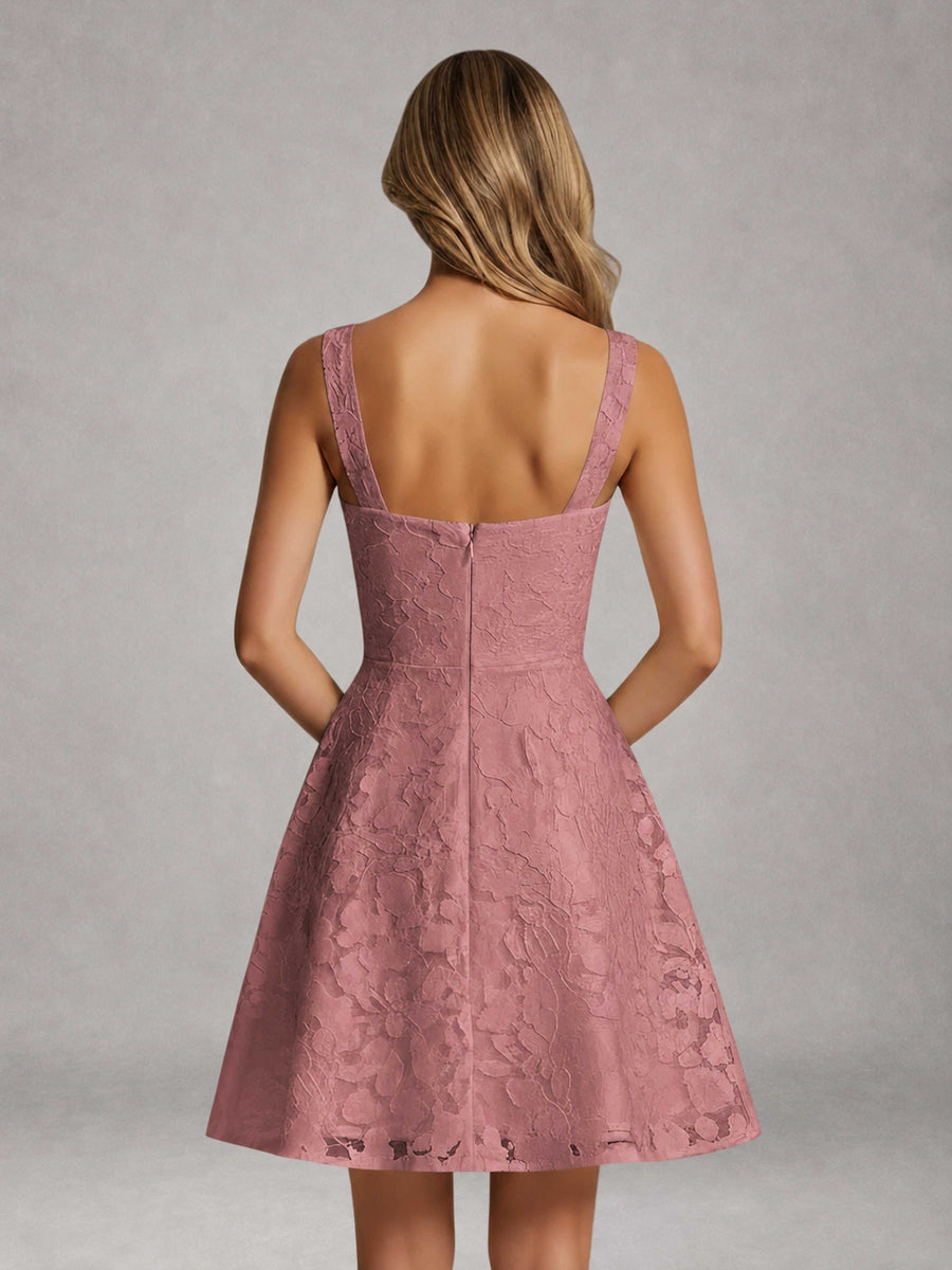 Dark Rose A-Line Square Neck Sleeveless Floral Lace Mini/Short Formal Dress