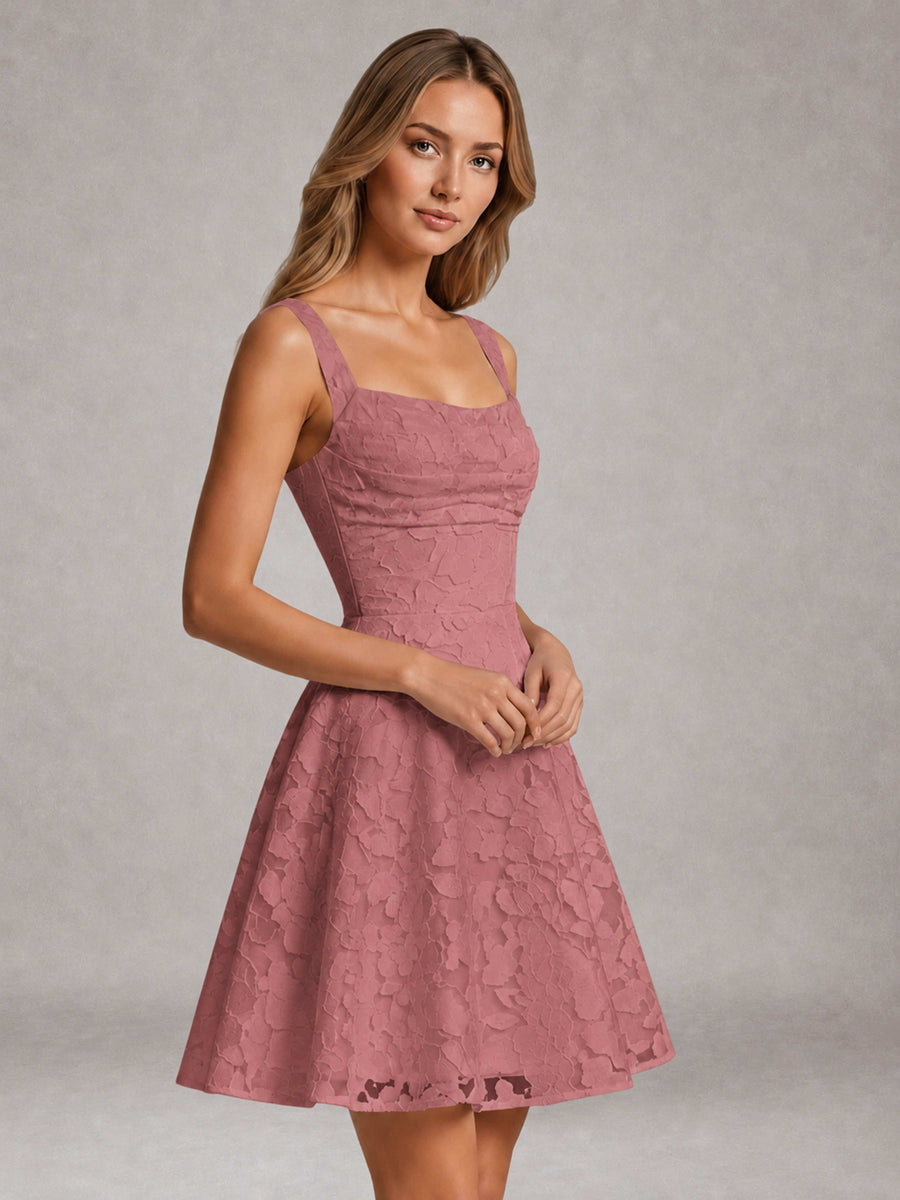 Dark Rose A-Line Square Neck Sleeveless Floral Lace Mini/Short Formal Dress