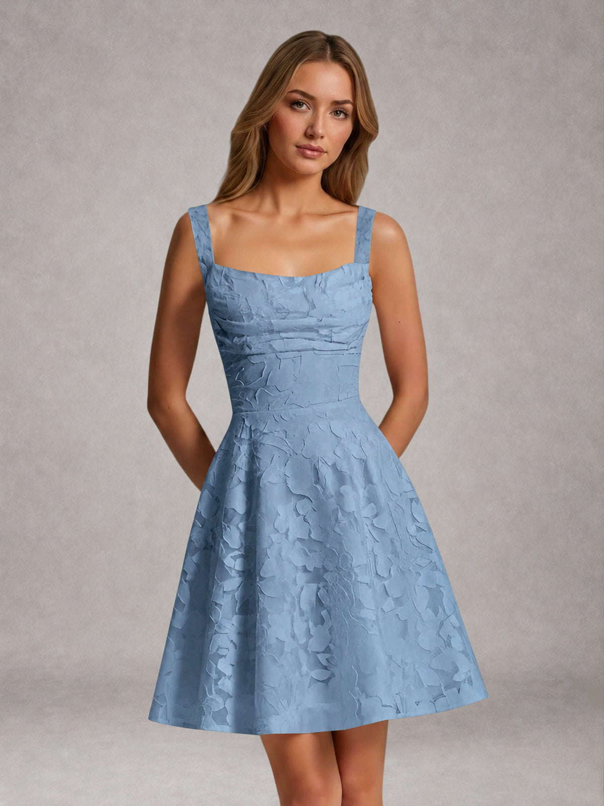 Dusty Blue A-Line Square Neck Sleeveless Floral Lace Mini/Short Formal Dress