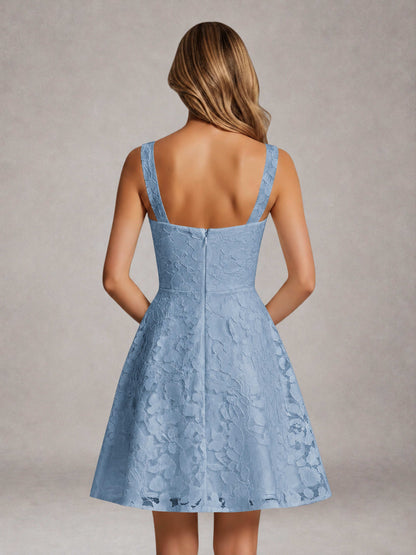 Dusty Blue A-Line Square Neck Sleeveless Floral Lace Mini/Short Formal Dress