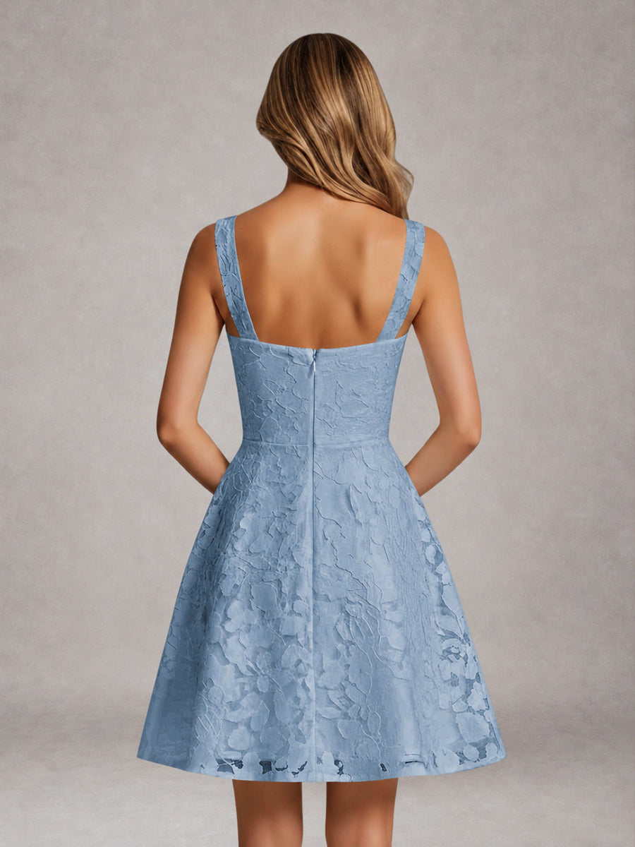 Dusty Blue A-Line Square Neck Sleeveless Floral Lace Mini/Short Formal Dress