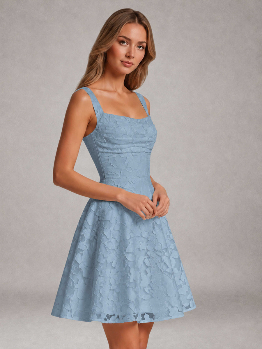 Dusty Blue A-Line Square Neck Sleeveless Floral Lace Mini/Short Formal Dress