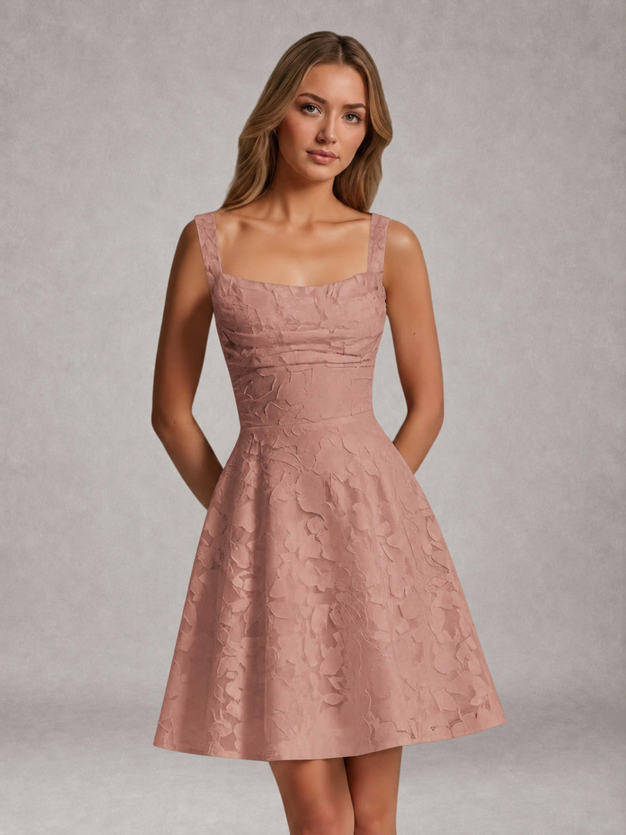 Dusty Rose A-Line Square Neck Sleeveless Floral Lace Mini/Short Formal Dress