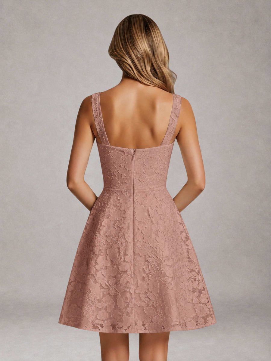 Dusty Rose A-Line Square Neck Sleeveless Floral Lace Mini/Short Formal Dress
