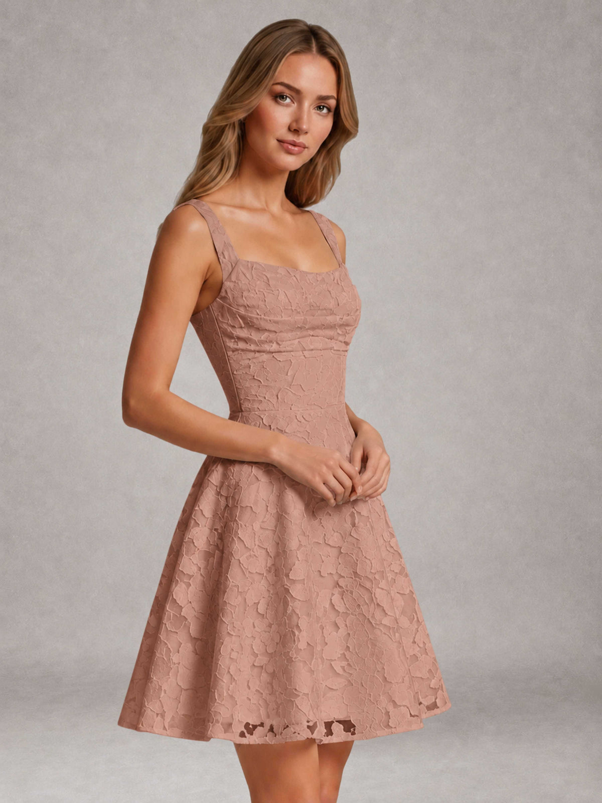 Dusty Rose A-Line Square Neck Sleeveless Floral Lace Mini/Short Formal Dress