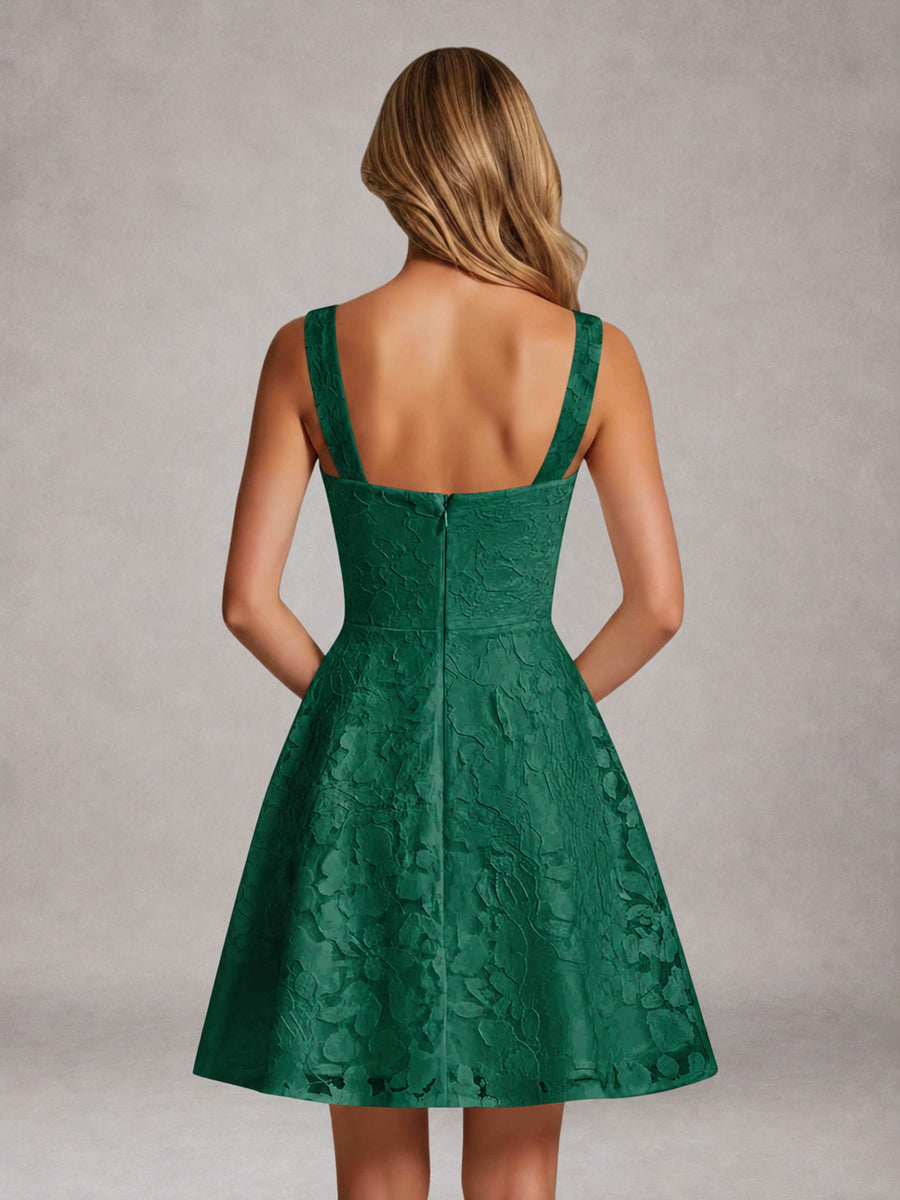 Emerald Green A-Line Square Neck Sleeveless Floral Lace Mini/Short Formal Dress