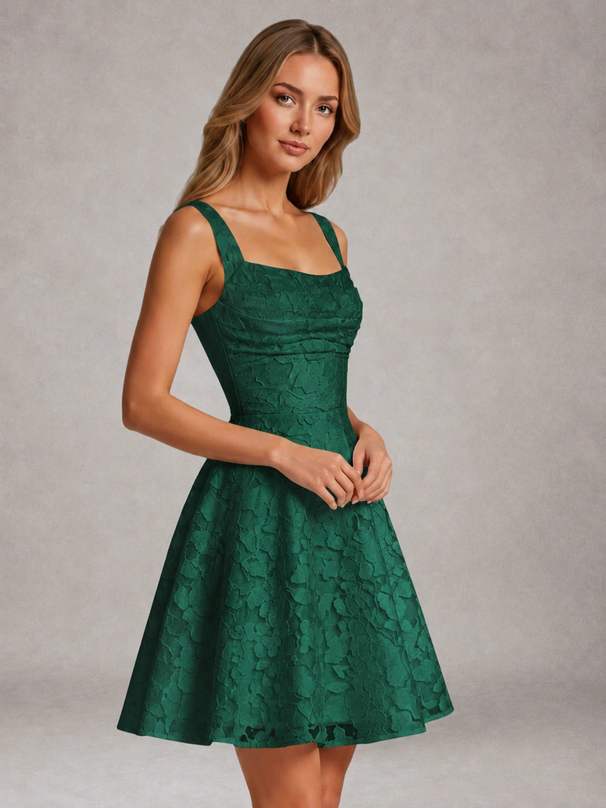 Emerald Green A-Line Square Neck Sleeveless Floral Lace Mini/Short Formal Dress