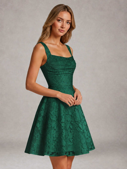 Emerald Green A-Line Square Neck Sleeveless Floral Lace Mini/Short Formal Dress