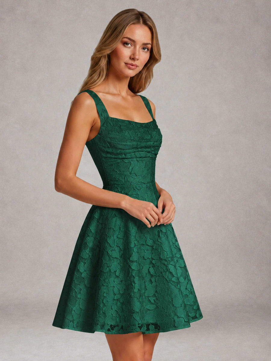 Emerald Green A-Line Square Neck Sleeveless Floral Lace Mini/Short Formal Dress
