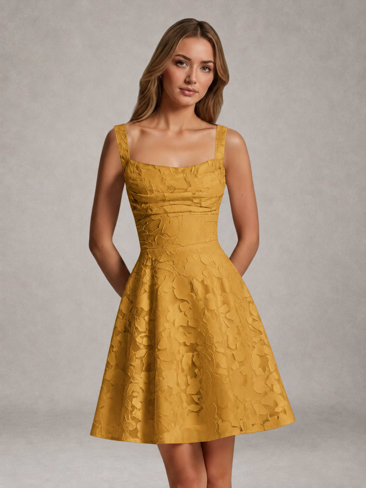 Gold A-Line Square Neck Sleeveless Floral Lace Mini/Short Formal Dress