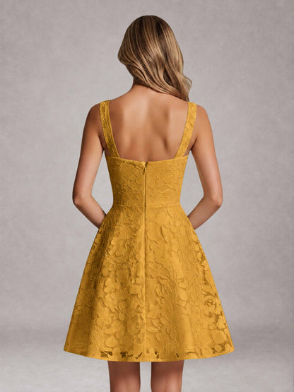 Gold A-Line Square Neck Sleeveless Floral Lace Mini/Short Formal Dress