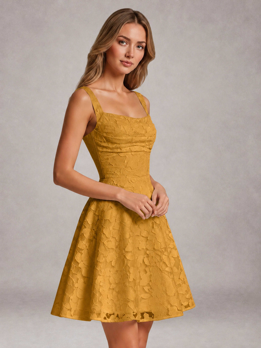 Gold A-Line Square Neck Sleeveless Floral Lace Mini/Short Formal Dress