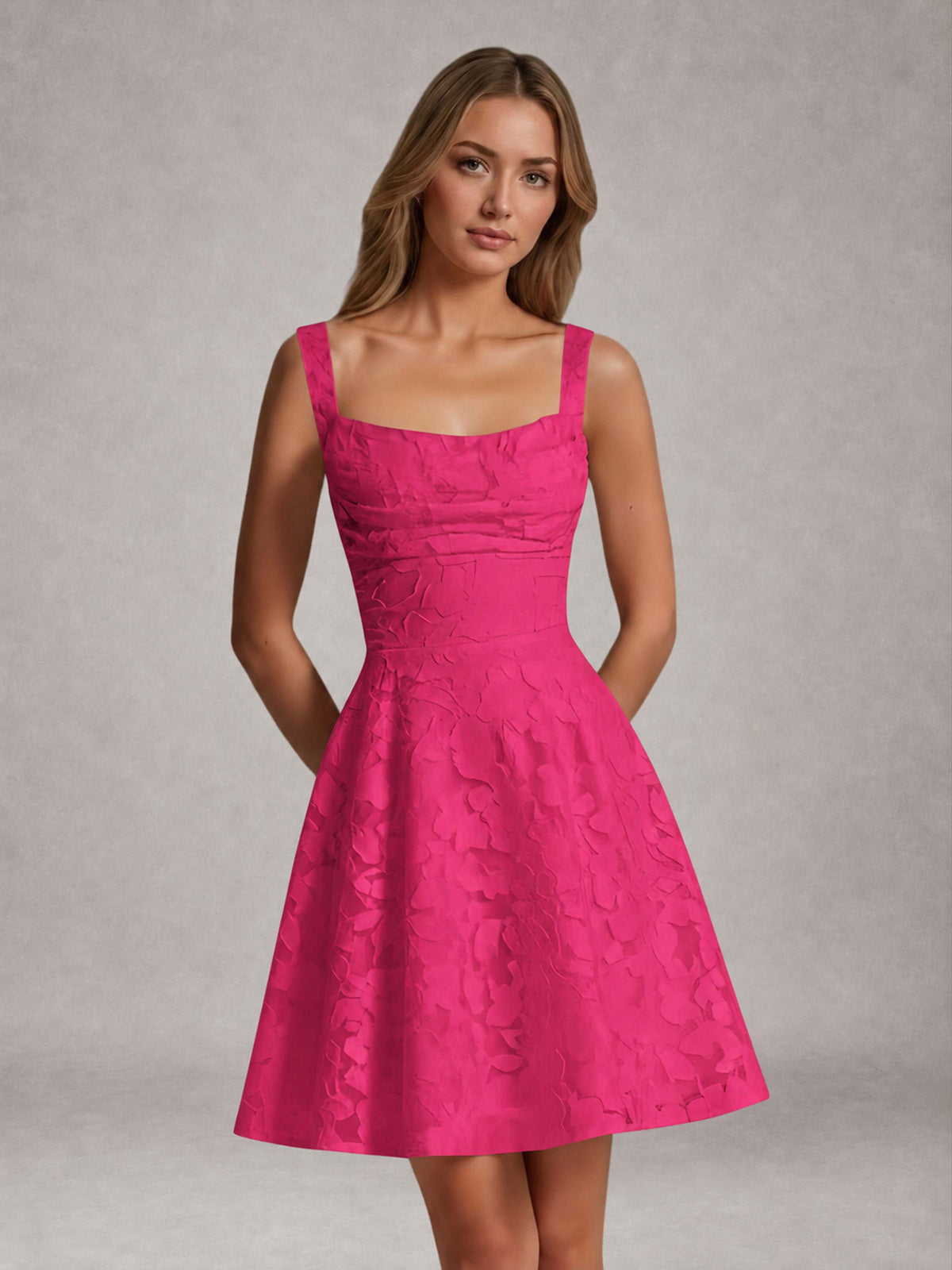 Hot Pink A-Line Square Neck Sleeveless Floral Lace Mini/Short Formal Dress