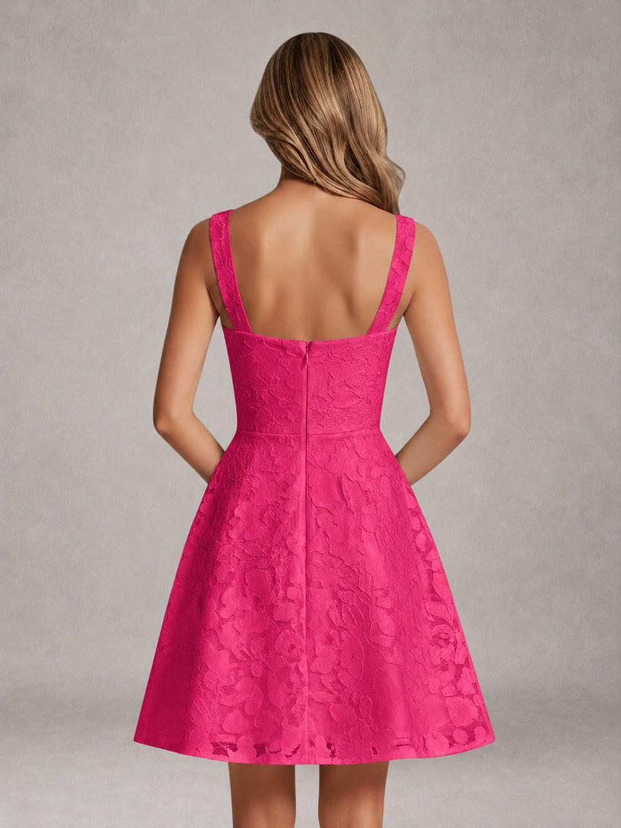 Hot Pink A-Line Square Neck Sleeveless Floral Lace Mini/Short Formal Dress