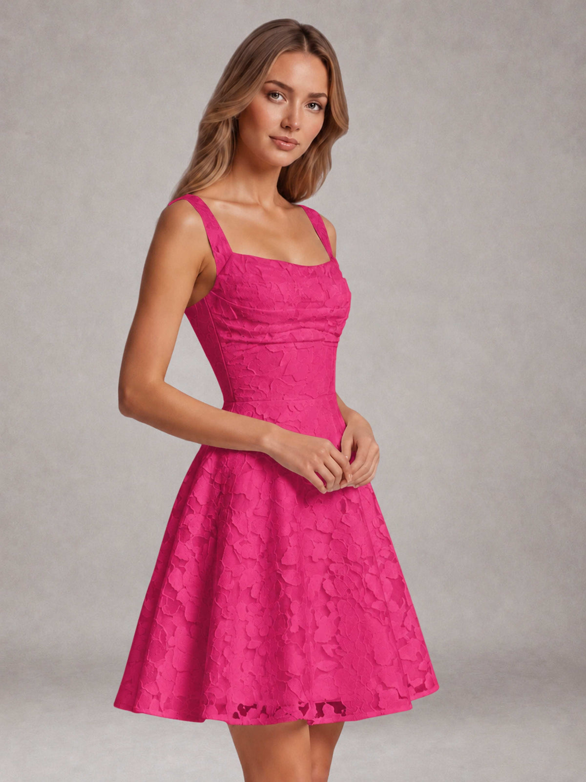 Hot Pink A-Line Square Neck Sleeveless Floral Lace Mini/Short Formal Dress