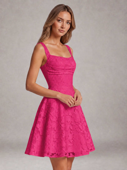 Hot Pink A-Line Square Neck Sleeveless Floral Lace Mini/Short Formal Dress