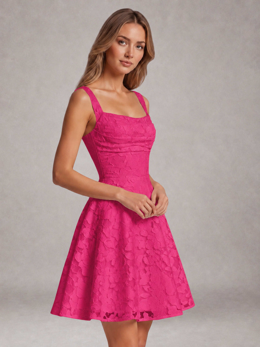 Hot Pink A-Line Square Neck Sleeveless Floral Lace Mini/Short Formal Dress