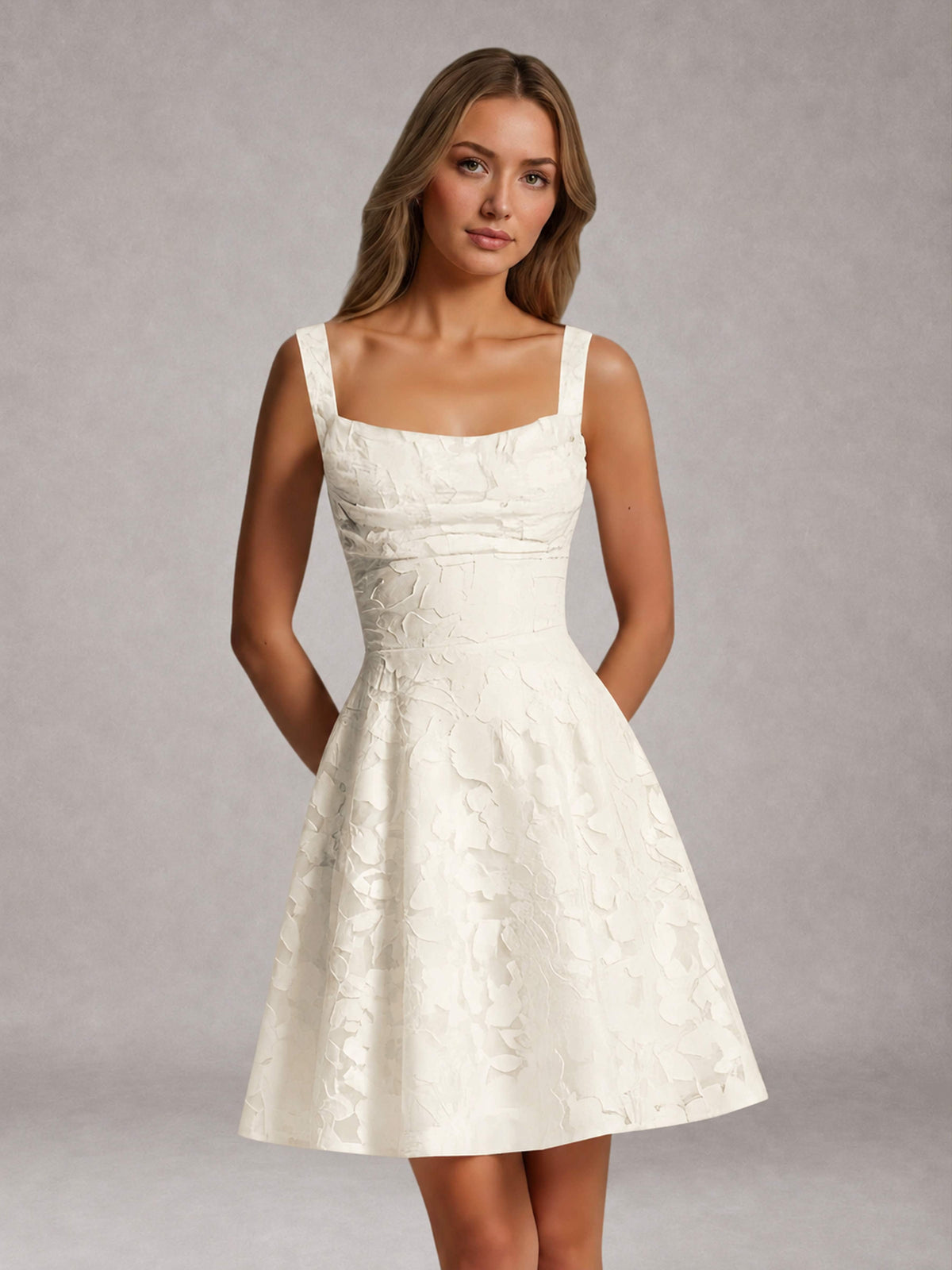 Ivory A-Line Square Neck Sleeveless Floral Lace Mini/Short Formal Dress