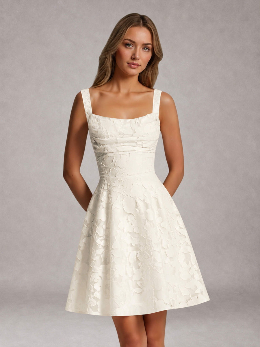 Ivory A-Line Square Neck Sleeveless Floral Lace Mini/Short Formal Dress