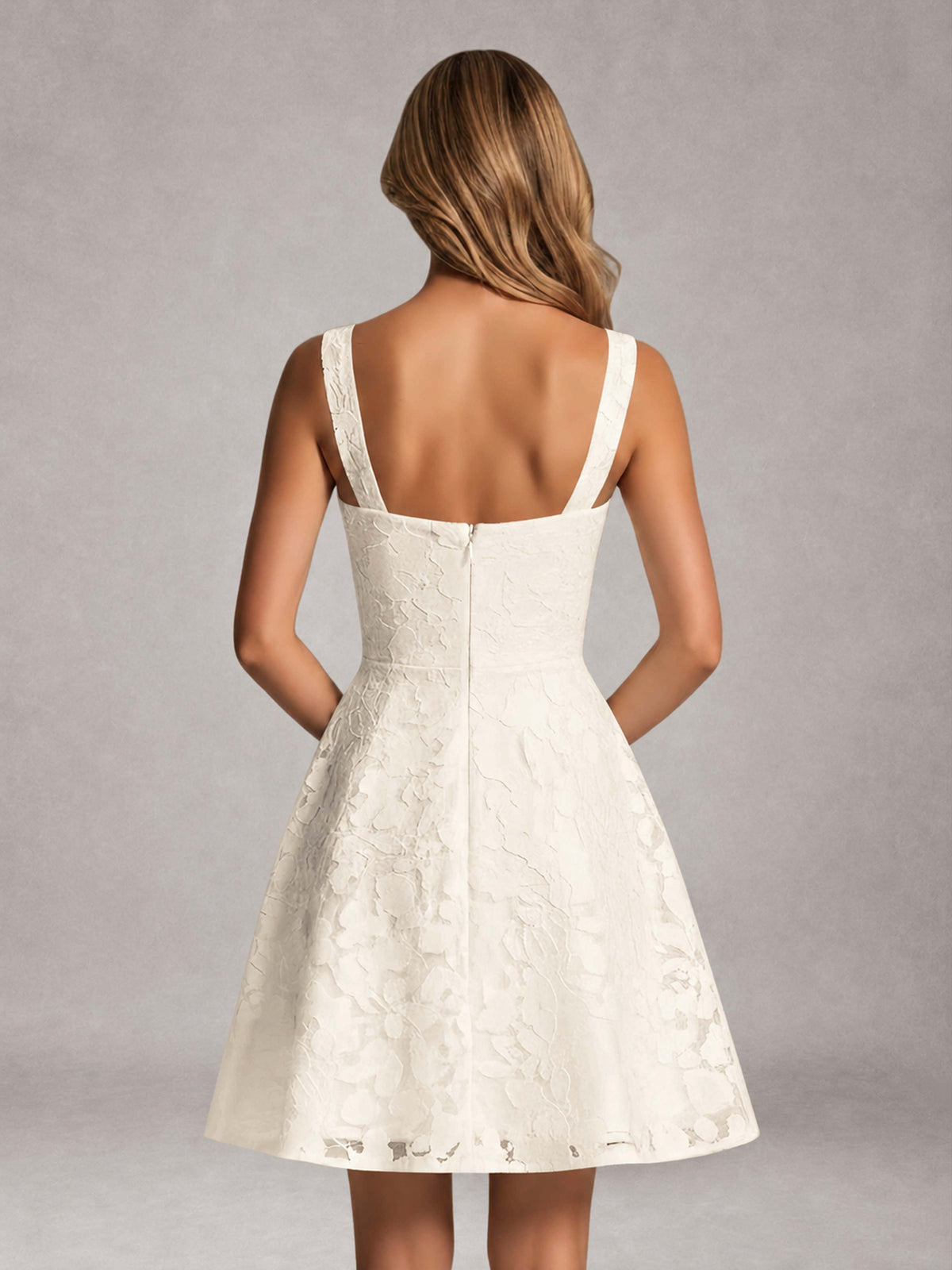 Ivory A-Line Square Neck Sleeveless Floral Lace Mini/Short Formal Dress