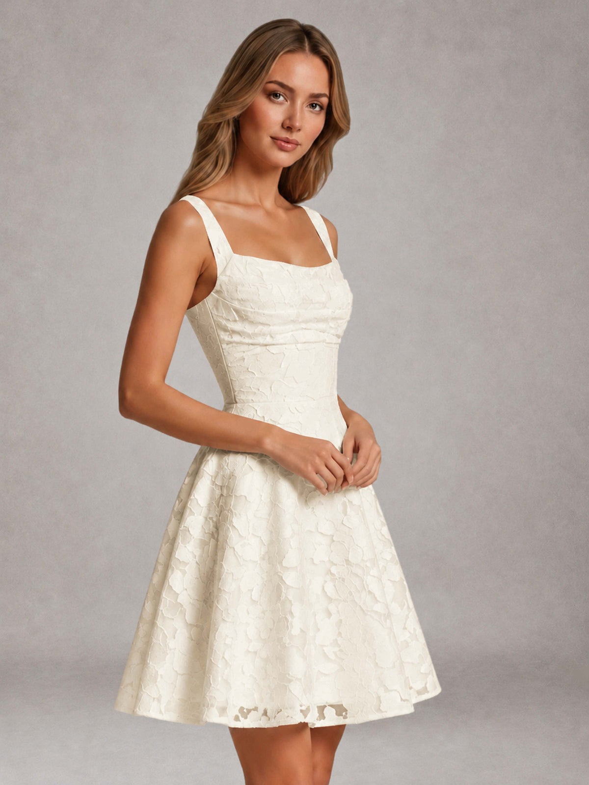 Ivory A-Line Square Neck Sleeveless Floral Lace Mini/Short Formal Dress