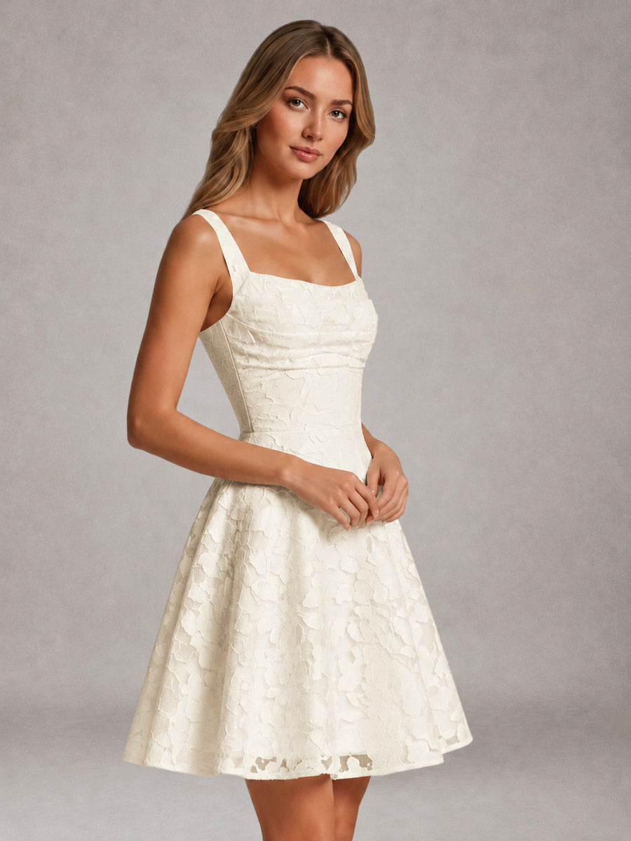 Ivory A-Line Square Neck Sleeveless Floral Lace Mini/Short Formal Dress