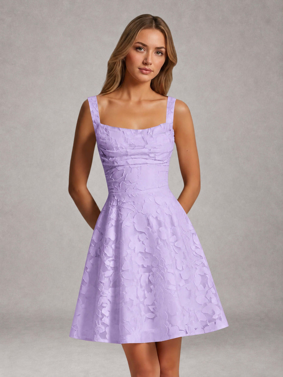 Lavender A-Line Square Neck Sleeveless Floral Lace Mini/Short Formal Dress