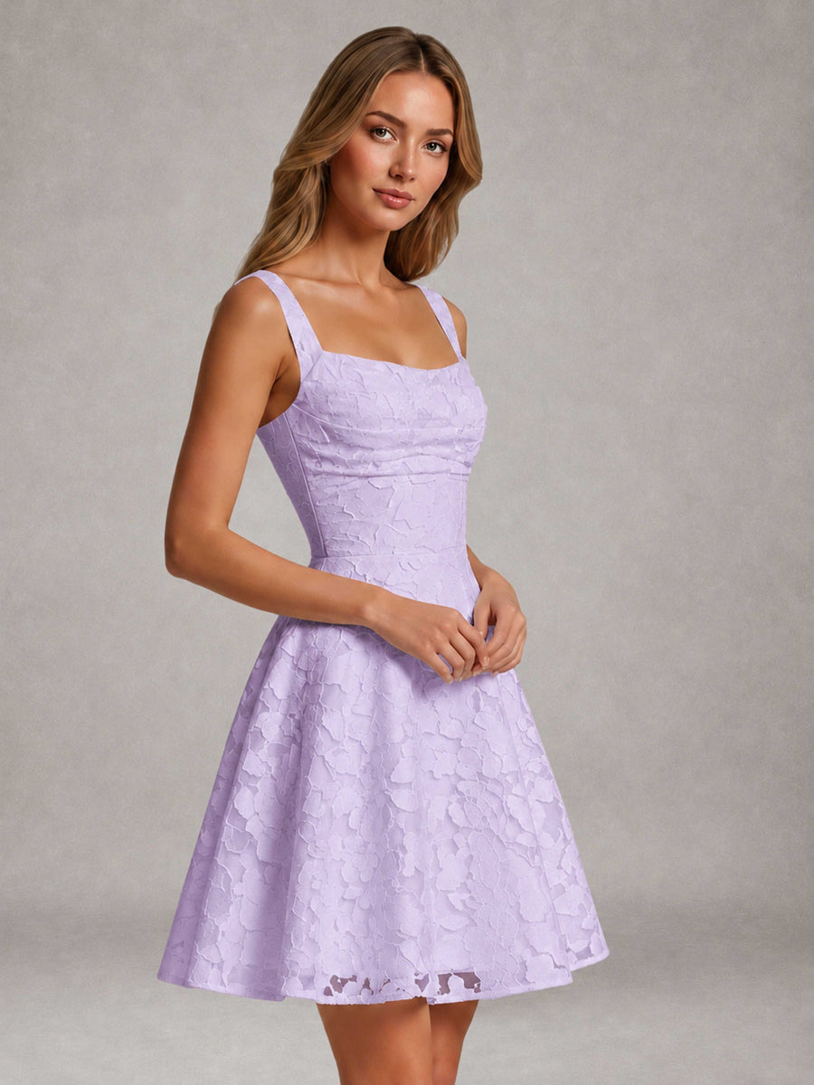 Lavender A-Line Square Neck Sleeveless Floral Lace Mini/Short Formal Dress