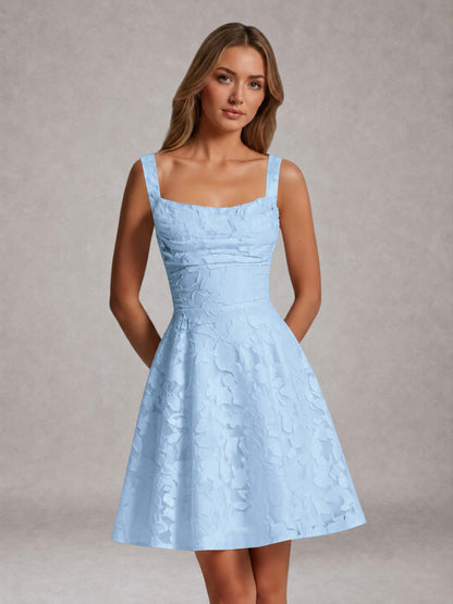 Light Blue A-Line Square Neck Sleeveless Floral Lace Mini/Short Formal Dress