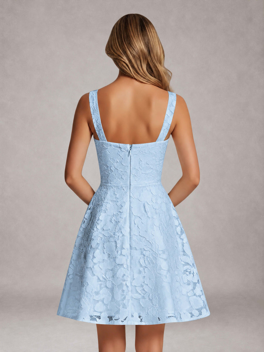 Light Blue A-Line Square Neck Sleeveless Floral Lace Mini/Short Formal Dress