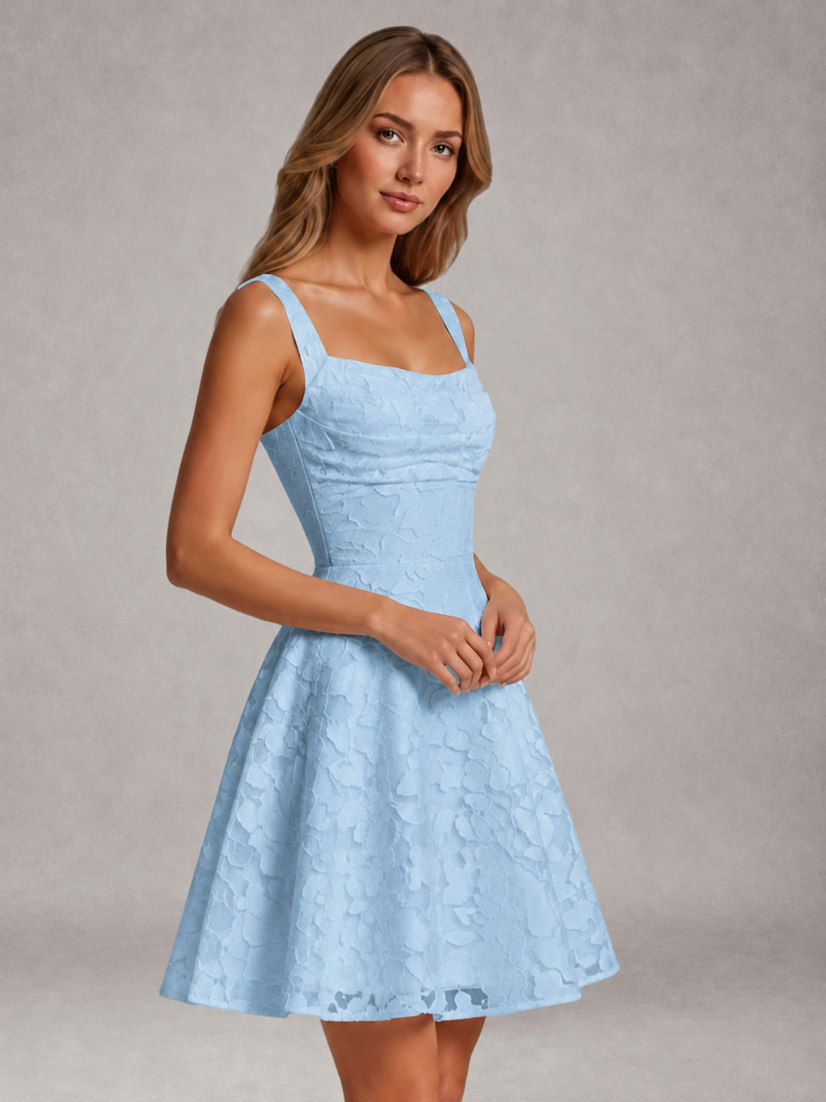 Light Blue A-Line Square Neck Sleeveless Floral Lace Mini/Short Formal Dress