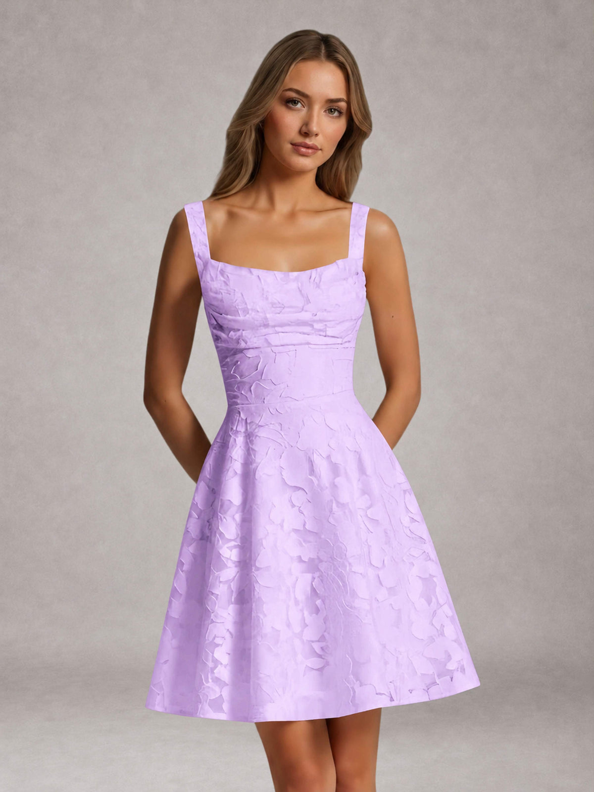 Lilac A-Line Square Neck Sleeveless Floral Lace Mini/Short Formal Dress