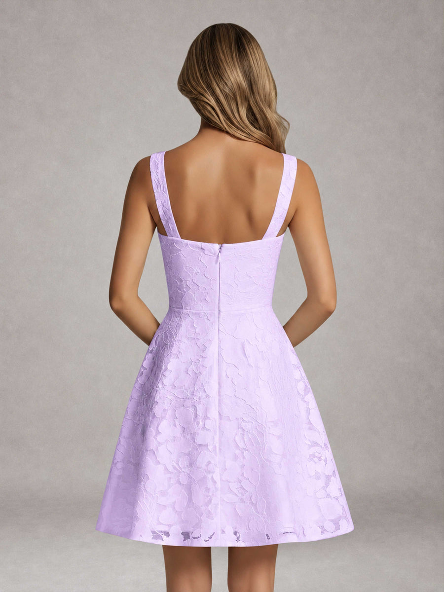 Lilac A-Line Square Neck Sleeveless Floral Lace Mini/Short Formal Dress