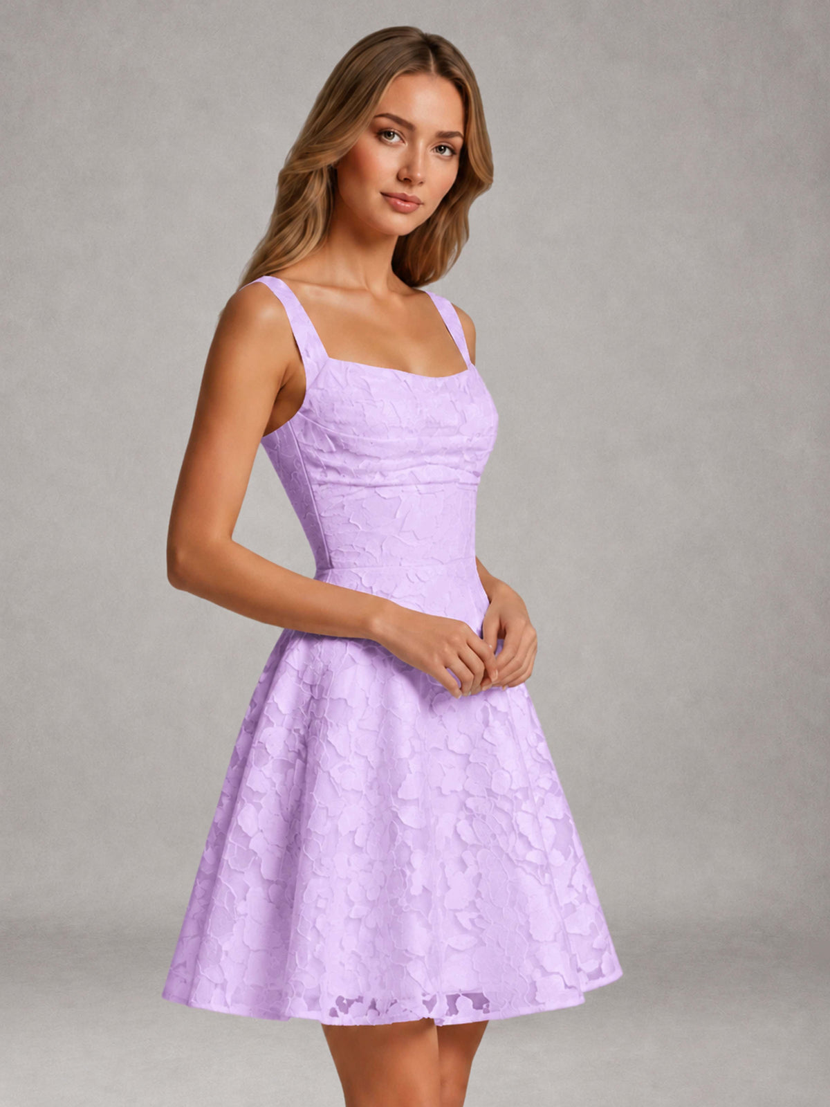 Lilac A-Line Square Neck Sleeveless Floral Lace Mini/Short Formal Dress