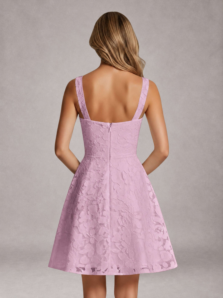 Mauve A-Line Square Neck Sleeveless Floral Lace Mini/Short Formal Dress