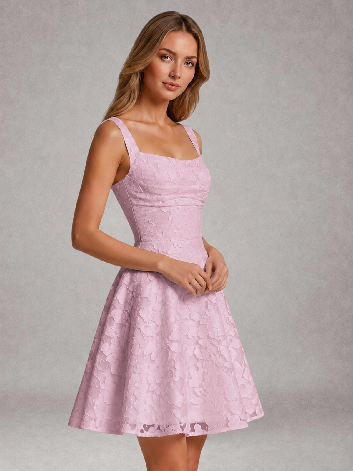 Mauve A-Line Square Neck Sleeveless Floral Lace Mini/Short Formal Dress