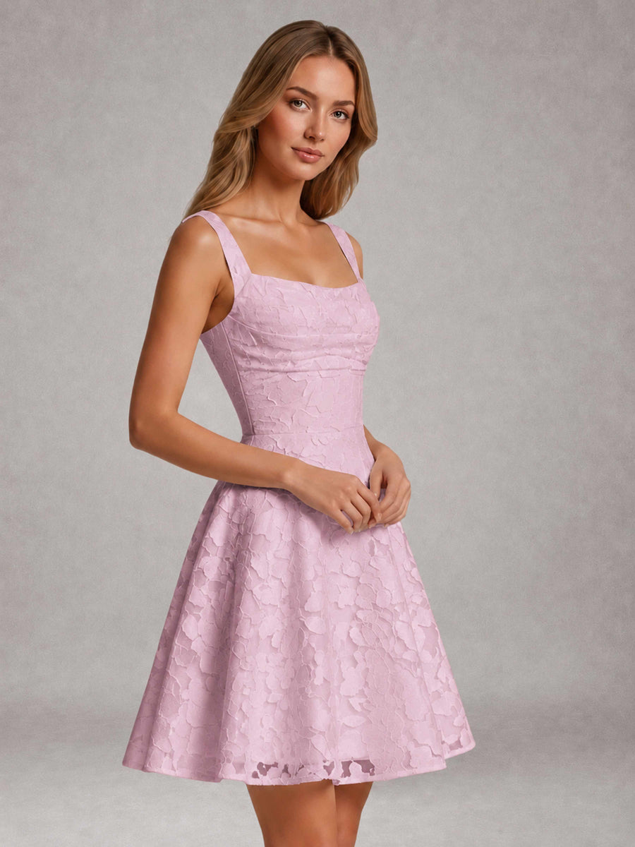 Mauve A-Line Square Neck Sleeveless Floral Lace Mini/Short Formal Dress