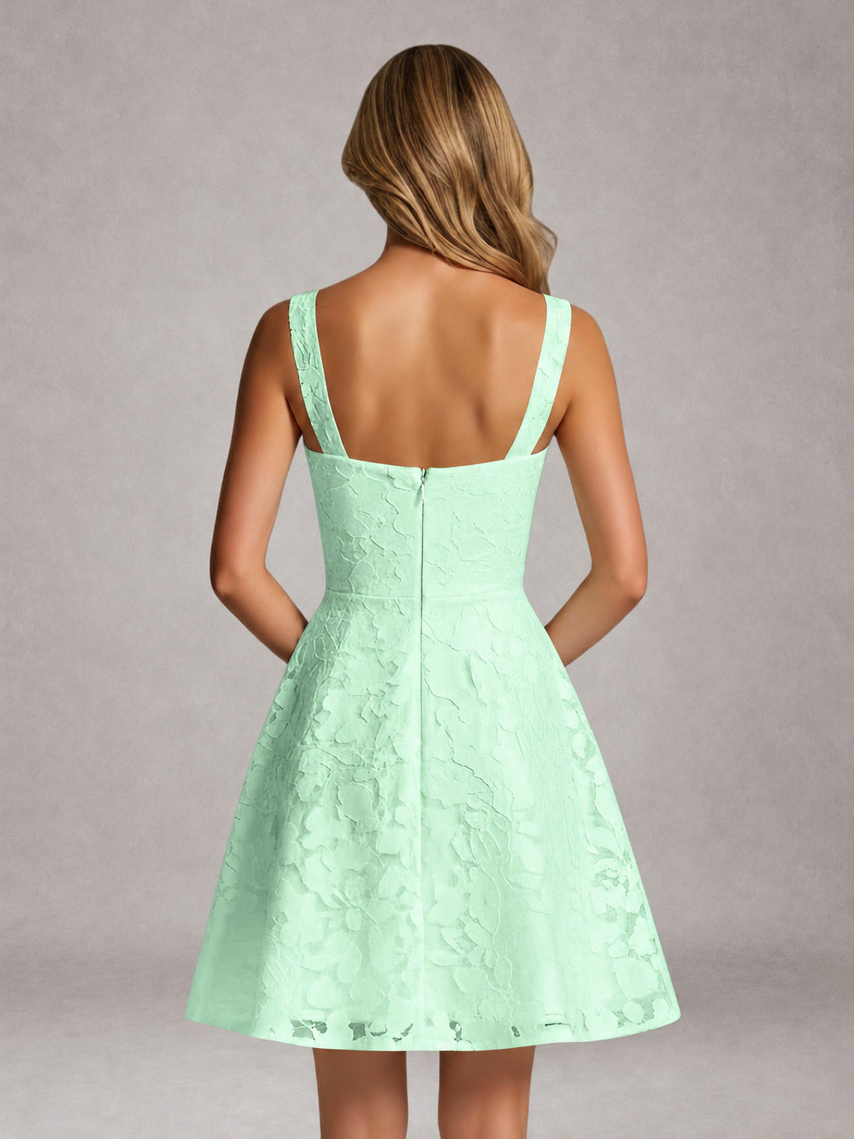 Mint Green A-Line Square Neck Sleeveless Floral Lace Mini/Short Formal Dress