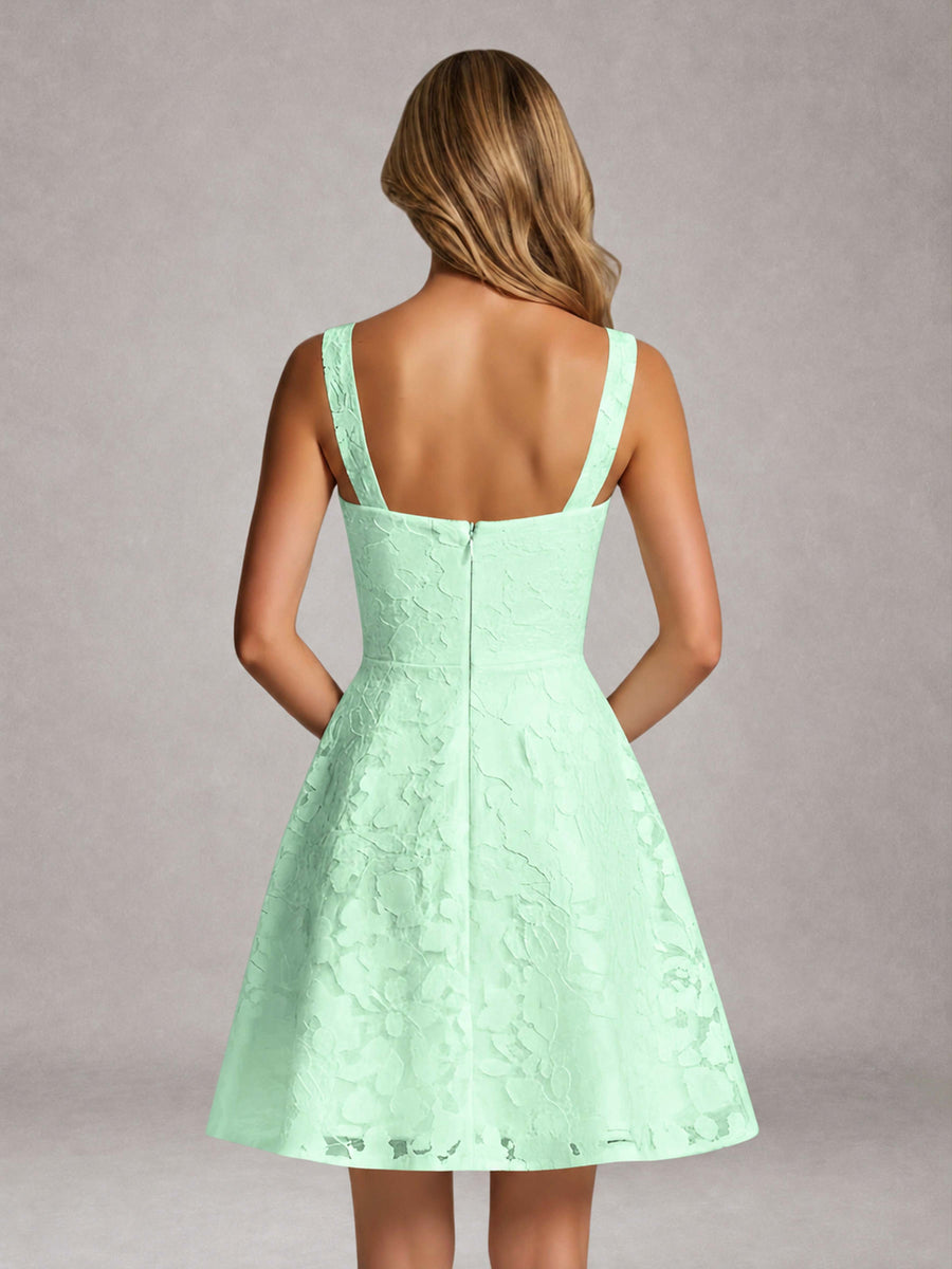 Mint Green A-Line Square Neck Sleeveless Floral Lace Mini/Short Formal Dress