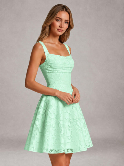 Mint Green A-Line Square Neck Sleeveless Floral Lace Mini/Short Formal Dress