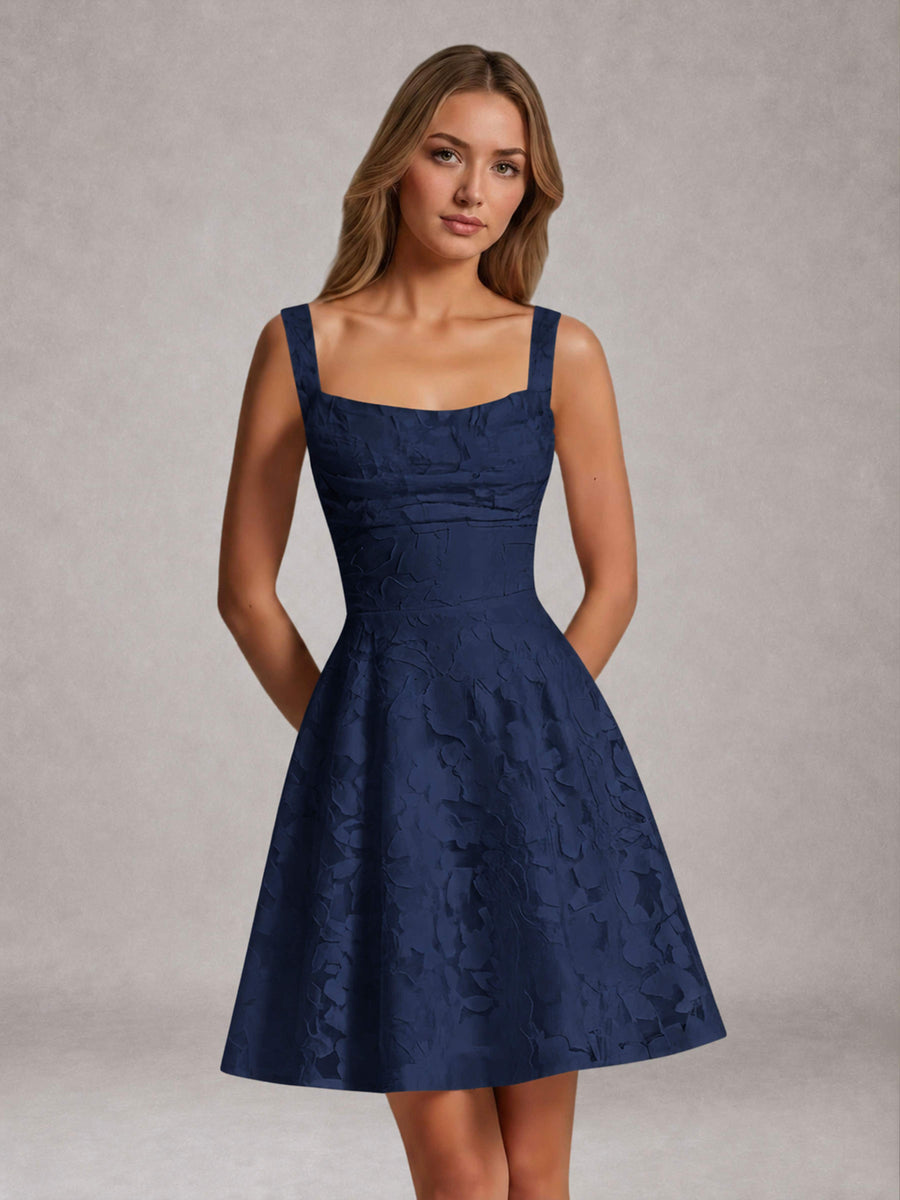 Navy Blue A-Line Square Neck Sleeveless Floral Lace Mini/Short Formal Dress