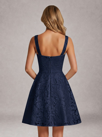 Navy Blue A-Line Square Neck Sleeveless Floral Lace Mini/Short Formal Dress
