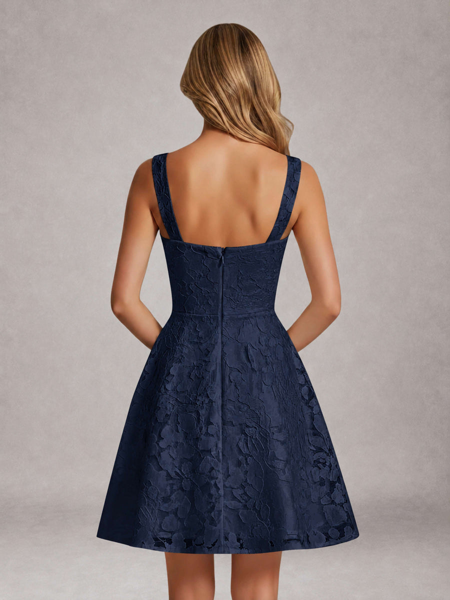 Navy Blue A-Line Square Neck Sleeveless Floral Lace Mini/Short Formal Dress